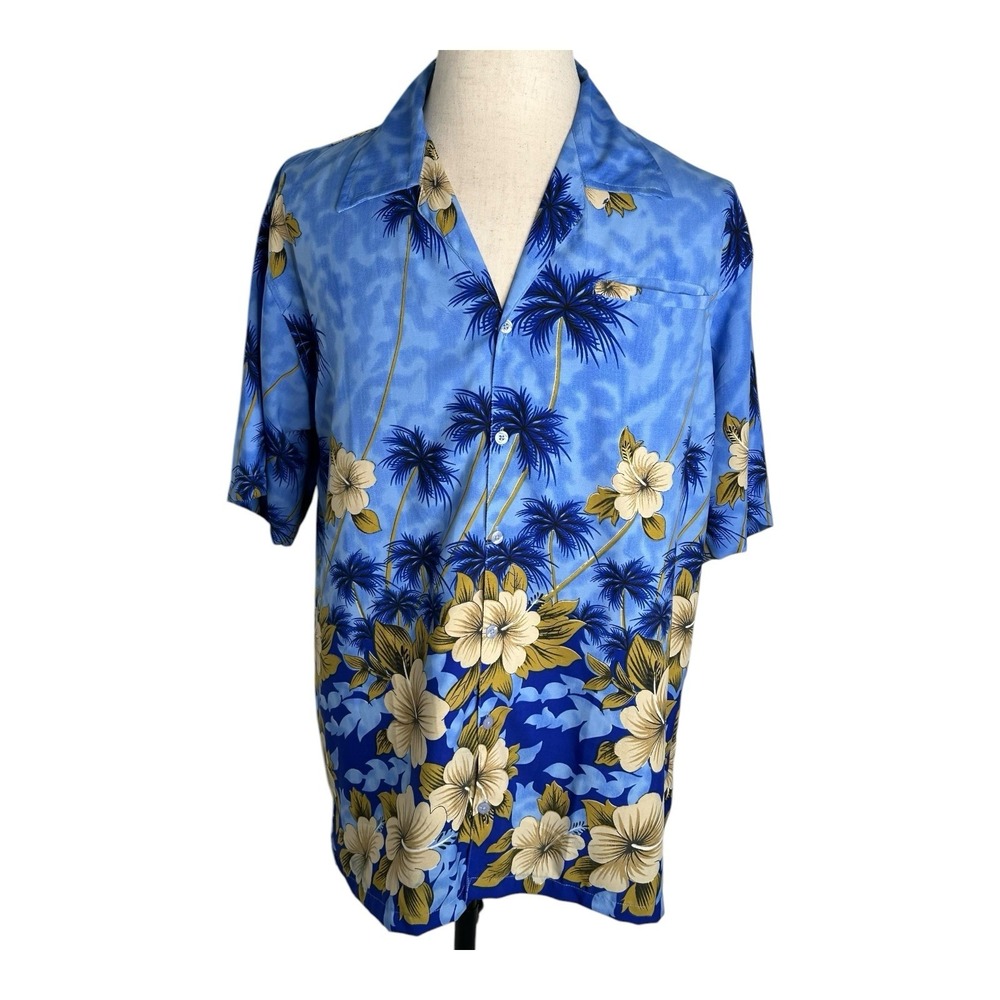 Pacific & Co Hawaiian Shirt Mens Medium Blue Gold Floral Aloha‎ Island Button Up